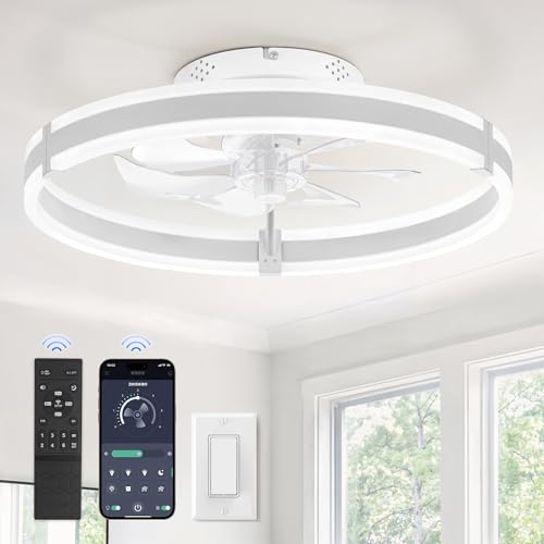 Low Profile Ceiling Fans with Lights and Remote, 19.7'' Modern Flush Mount Ceiling Fan, Dimmable LED Small Fan Light, 6 Speeds, Fandelier Fans with LED Light for Bedroom, White