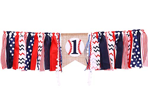 Baseball Banner For 1 St Birthday - First Birthday Decorations For Baseball Rag Tie Fabric Garland, Photo Booth Props Red White Blue, Birthday Souvenir And Gifts For Boy