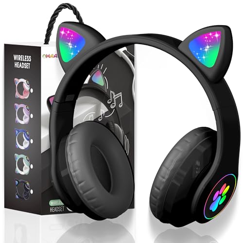 OHAANYY Katzenohr Kopfhörer Kindergeburtstag Geschenke Kind LED Katzenohren Einhorn Bluetooth Kabellose Over-Ear Stereo Mikrofon Mit LED-Licht Für Handy Tablet PC (04)
