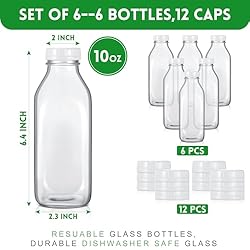 Peryiter 6 Pcs Glass Milk Bottle with Lid Reusable
