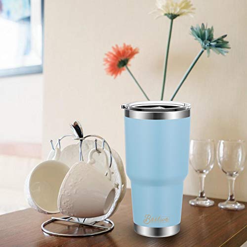 4 Pack 30oz Vacuum Insulated Tumblers, Bastwe Double Wall Stainless Steel Travel Tumblers with Lids and Straws for Home, Office, School, Works Great for Ice Drink, Hot Beverage (Blue + Pink)