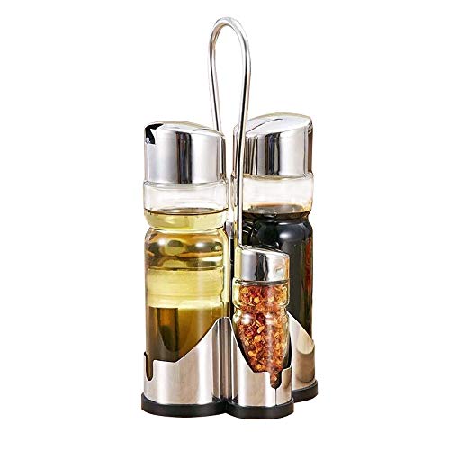 Spice Rack,Stainless Steel Stand Holder with 4 Empty Glass Bottles - Vinegar Bottles Set Including Olive Oil/Vinegar Dispensers Bottles,Cruet/Small Salt and Pepper Shaker. Perfect for Cooking & Grill.