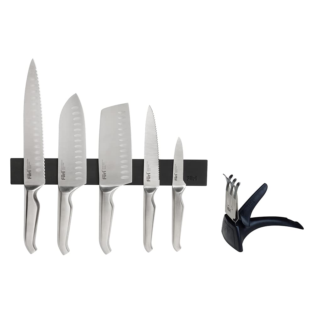 Furi PRO Wall Rack Set including 5 knives and 1 sharpener (colour: black, silver), quantity: 1 set, 7 pcs)