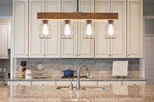 Farmhouse Lighting Triple Wood Beam Vintage Decor Chandelier –Great Industrial Chic Light for Kitchen, Bar, Island, Dining Room, and Foyer – Four Lights and Vintage Edison Cages