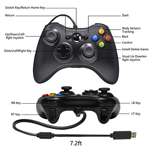 Medvoe Wired Controller for Xbox 360, 7.2 Ft USB Wired Gamepad Joystick Game Remote with Dual-Vibration Turbo, Trigger Buttons for Xbox360, Xbox 360 Slim and PC Windows 7,8,10 - Black
