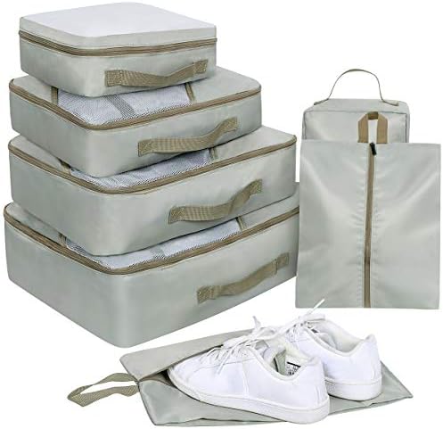Travel Cubes Set 7Pcs, Faxsthy Packing Cubes, Travel Packing Organizers with 2 Various Sizes Shoe Bags (Beige)
