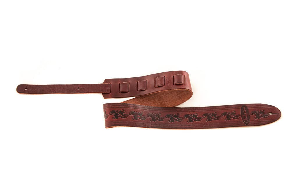 OVATION Guitar Strap Leather Premium - Signature "Leaf" - Ruby Red - Embossed leaf design - Handmade