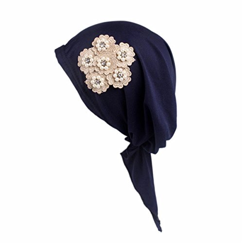Qhome Womens Beaded Flower Stretchy Pre-Tied Head Scarf Head Wrap Scarves Cancer Chemo Cap