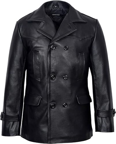 Mens Black German Double Breasted Real Sheepskin Shearling Leather