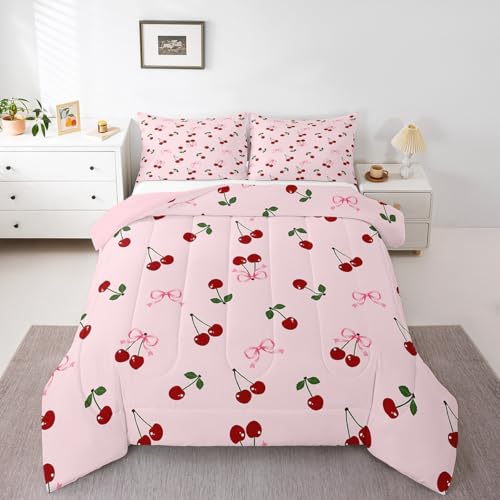 Feelyou Cute Bows Cherry Bedding Set Full Size Kids Watercolor Bow Comforter Set for Boys Girls Teens Summer Fruit Duvet Quilt Breathable Soft Lightweight Microfiber Bowknot Pink Room Decor