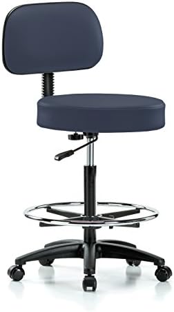 Perch Rolling Walter Exam Office Stool with Footring and Adjustable Backrest for Medical Dental Spa Salon Massage Lab or Workshop 25" - 35" (Stationary Caps/Imperial Blue Vinyl)