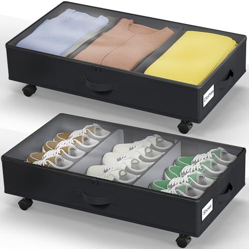 GoMaihe Underbed Storage with Wheels & Lids: Upgrade Rolling Under Bed Storage Container Shoes Clothes Drawer Organizer | Easy Moving | Adjustable Dividers | Easy Identify | 2-Pack in Black