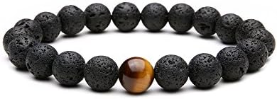 Jade cabbage Bead Bracelet for Men 10mm Black Lava and Tiger eye Stone Stretch 7"-7.5"