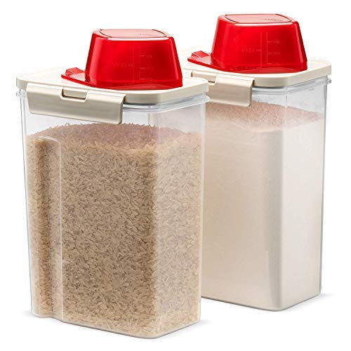 Komax Fresh Grain Set of 2 Rice Containers | 2-Quart Dry Food Storage Dispenser | Suitable for Rice, Pet Food & Grain Storage | With Lid & Measuring Scoop (1-cup) | BPA-Free & Dishwasher Safe