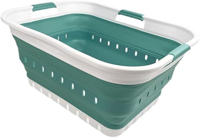 SAMMART 42L Collapsible Laundry Basket Foldable Storage Container White Celadon