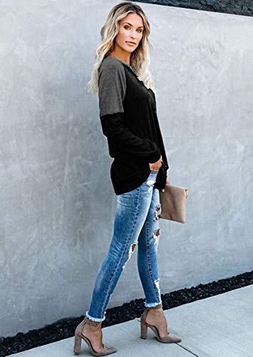 Long Shirts for Women Black Tops Long Sleeve Soft Casual Loose Color Block M