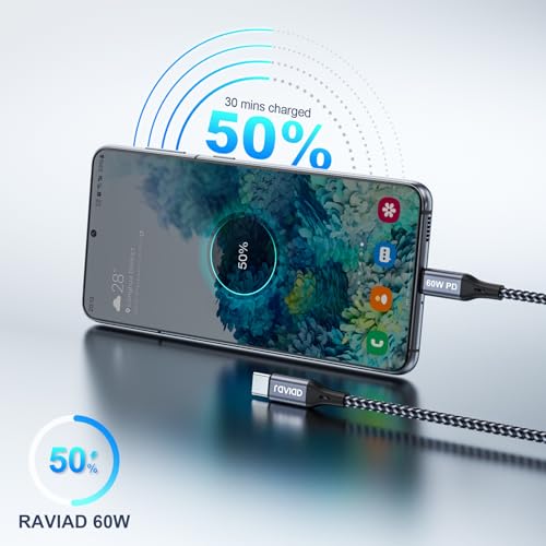 RAVIAD USB C to USB C Cable [2 Pieces 1M], 60 W USB C Charging Cable, PD 3.0 Fast Charging Cable USB C for iPhone 17 16 15 Pro Max, Samsung Galaxy S25/S24/S23/S22, MacBook Pro, Pad Pro/Air, Huawei - Grey