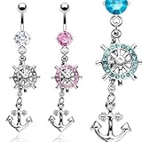 Clear Navel Ring with Gem Paved Ship's Wheel and Anchor Dangle - 14G 3/8