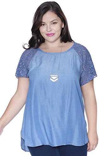 Grayson Shop Plus Size Lace Shoulder Chambray Denim Top Denim 3X