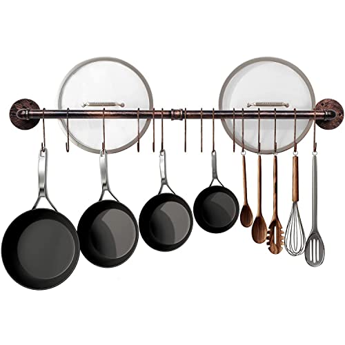 OROPY Metal 100cm Wall Mounted Pot Pan Bar Rack, Kitchen Organizer Utensils Hanging Rail with 14 Sliding Hooks, Retro Pipe with Screws, Copper Color