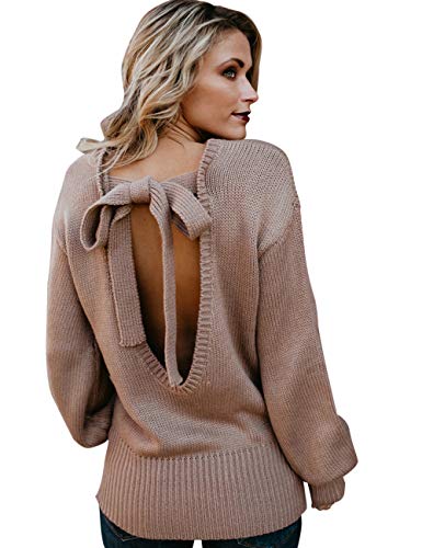 shermie Women's Sexy Crew Neck Backless Sweaters Long Sleeve Loose Kint Pullover Deep apricot color S