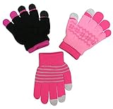 N'Ice Caps Girls Magic Stretch Gloves 3 Pair Pack Assortment (6-12 Years, Fuchsia/Black Neon Pink/Pink)