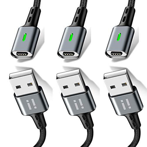 i! - 3 x 20 cm Platinum Nylon Magnet USB Fast Charging Cable up to 3 A Quick Charge 3.0 Data Cable - 3 x Cable without Plug