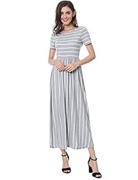 Vestido largo de camiseta a rayas de mezcla de contraste de manga corta para mujer Allegra K