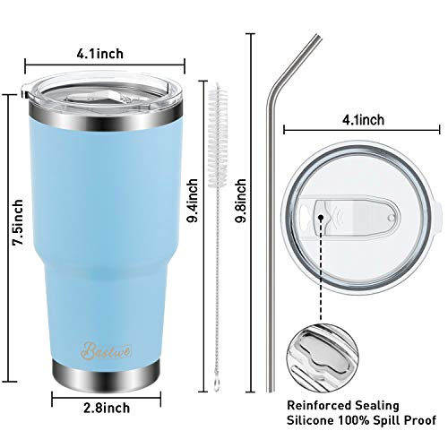 4 Pack 30oz Vacuum Insulated Tumblers, Bastwe Double Wall Stainless Steel Travel Tumblers with Lids and Straws for Home, Office, School, Works Great for Ice Drink, Hot Beverage (Blue + Pink)