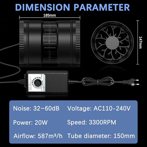 Brogachy Duct Fan 150mm with Speed Controller, 587m3/h Pipe Fan, EC Motor Extractor Fan for Grow Tent, Greenhouse, Basement, Garage, Bathroom, Kitchen, Attic and 3D Printer.