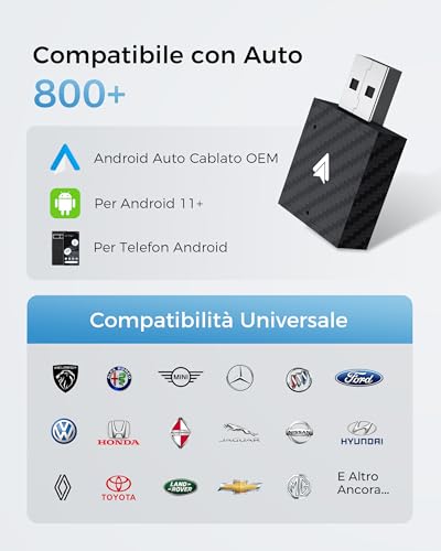 WityEye Adattatore Android Auto Wireless, Dual Core Wi-Fi a 5.8 GHz, Bluetooth V5.3, Rapida & Stabile, Plug & Play, per Smartphone con Android 11+ & Veicoli con Funzione AA Cablata (dal 2016)