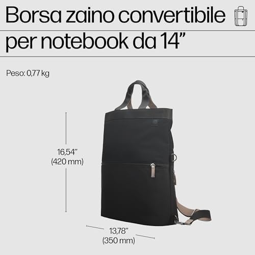 Borsa-Zaino Convertibile in Tracolla, Adatta per PC fino a 14,1" di Diagonale, Creata con Plastica Riciclata, Tasca dotata di Blocco RFID, Resistente all'Acqua, 18 L, Nera