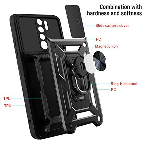 PANXIYUE Xiaomi Redmi 9 Case, Sliding Window Armoured Shockproof Dual Layer Hard PC and TPU Silicone with 360° Magnet Ring Stand Case Cover for Xiaomi Redmi 9, Black