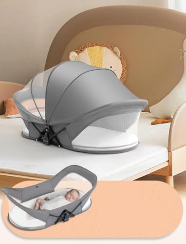CENXI Travel Bassinet Portable Baby Bed for Newborn Infants-Folding Bassinet in Bed Mini Crib Breathable Travel Bed Quick Fold Newborn Infant Sleeper with Mosquito Net and Travel Bag (Khaki)
