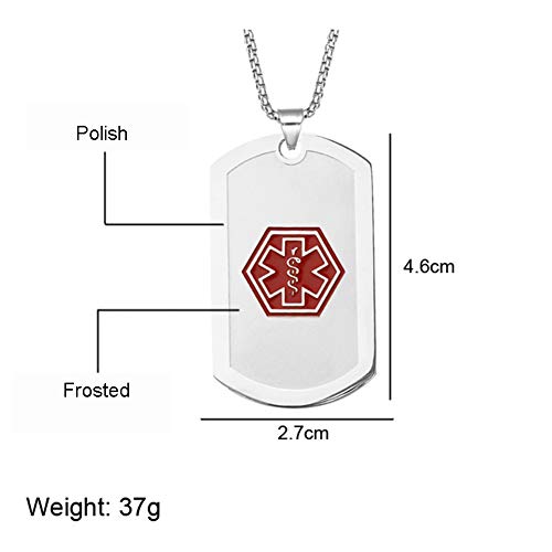 BAIYI Medical Alert ID Necklace Stainless Steel Matte Dog Tag for Men Women 24 inch Free Engraving