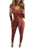 HOTAPEI Women's Lace Up Long Sleeve Drawstring Jumpsuit Romper Medium Orange