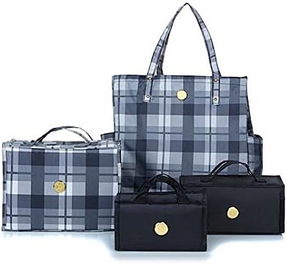 JOY Mangano Deluxe 4pc Better Beauty Case Set w/ Big Shopper Tote-Black/Plaid