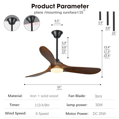 KUNYWOOE 52“ Ceiling Fan with Lights and Remote, App Control, 3 Solid Wood Fan Blades, Dimmable LED, 6 Fan Speeds Reversible for Bedrooms, Living Room, Outdoor Ceiling Fan for Patios (Walnut)