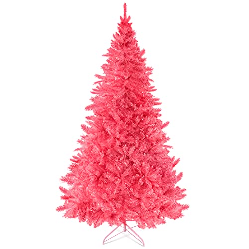 Prextex 6 Feet Pink Christmas Tree - Artificial Spruce Hinged Pink Christmas Tree Lightweight and Easy to Assemble with Christmas Tree Metal Stand 1200 Tips - Christmas Tree Pink