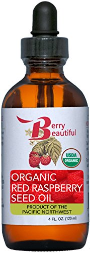 Certified Organic Red Raspberry Seed Oil - 4 fl oz (120 ml) in Glass Bottle w/ Dropper - Cold Pressed by Berry Beautiful from Organically grown Raspberries - 100% Pure & Unrefined