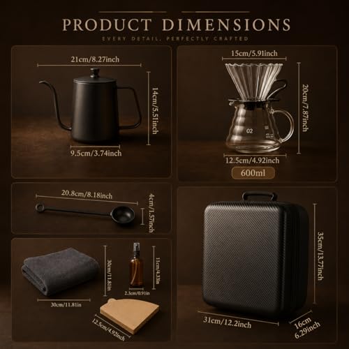 Toshionics V60 Coffee kit Drip Coffee Maker 15 Pcs - Manual Coffee Dripper Pour Over Coffee Set With Portable Bag, Hand Grinder, Gooseneck Kettle, Scale, Double Wall Cup Premium Barista Brewing Set