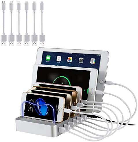 PRITEK USB Charging Station with 6pcs Short USB Cables Multi Device 6 USB Charger Station Desktop Charger for Cellphone…