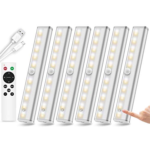 Remote Control Under Cabinet Lighting Wireless LED Closet Lights Rechargeable Under Counter Light Stick on Night Light Strip Bar for Gun Safe Wardrobe Kitchen Hallway Stairway, White 6Pack 6000K