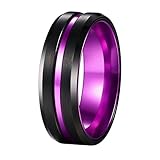 POYA 8mm Black Tungsten Ring Matte Finish Beveled Edges Wedding Band with Purple Aluminum Interior