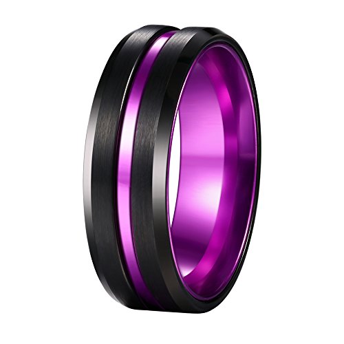 POYA 8mm Black Tungsten Ring Matte Finish Beveled Edges Wedding Band with Purple Aluminum Interior
