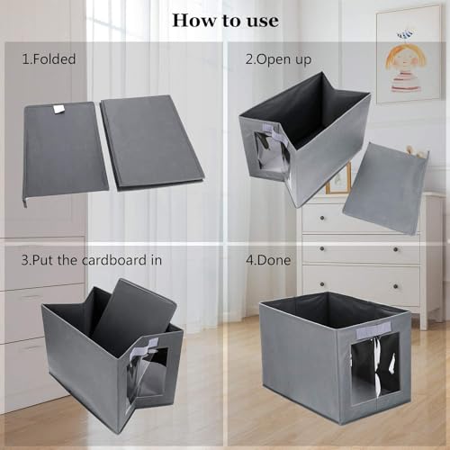 DIMJ Foldable Storage Boxes with Transparent Window Fabric Collapsible Storage Bin Basket with Handle for Wardrobe, Closet, Shelves Organiser (3 Pieces)