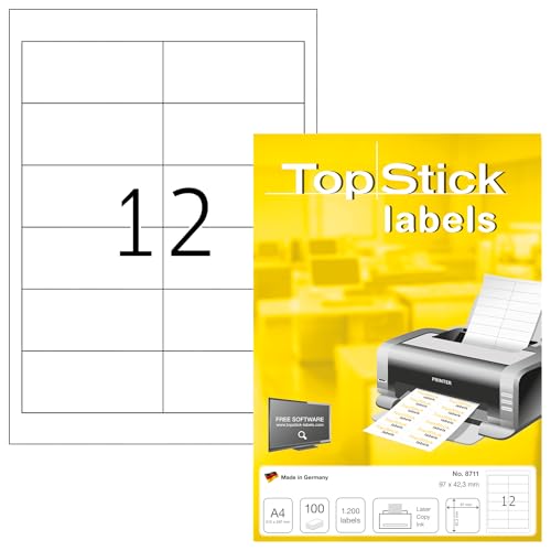 TopStick 8711 Universal Etiketten, 1000 Blatt, 97 x 42,3 mm, 12 pro A4 Bogen, 12000 Stück, selbstklebend, bedruckbar, matt, blanko Papier Klebeetiketten Aufkleber, weiß