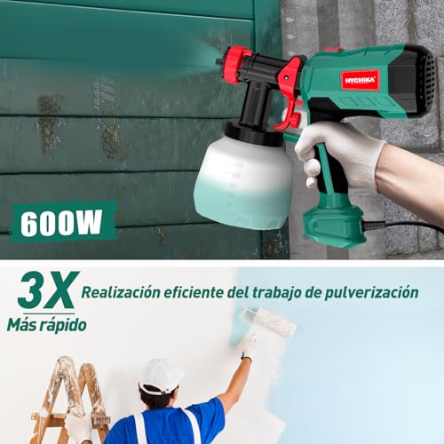 HYCHIKA Paint Gun, 600W HVLP Paint Gun, 1200ML Tank 4 Nozzles and 2 Cleaning Tools, 3 Pattern Paint Sprayer for Walls and Ceilings, Fences