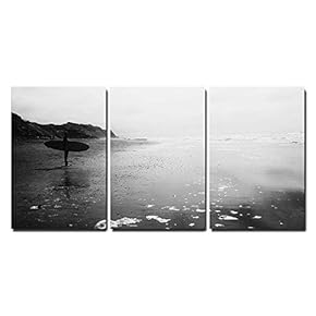 3 Piece Canvas Wall Art - a Man with Surf Board Standing at Beach in Black and White - Modern Home Art Stretched and Framed Ready to Hang - 16"x24"x3 Panels