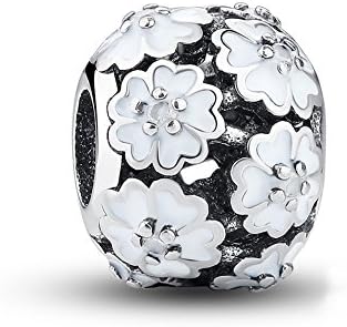 White Daisy Flower Sterling Silver Charms Beads fit Pandora Bracelet
